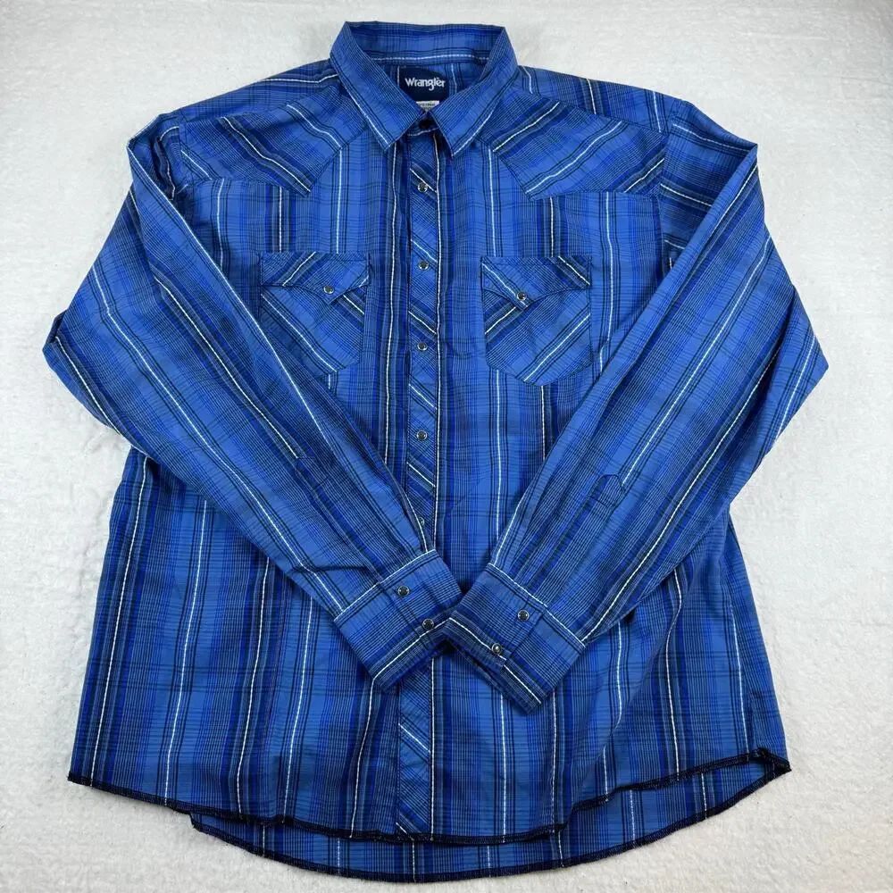 Wrangler Shirt Mens Size 2XL Blue Plaid Western Snap Button Up Long Sleeve